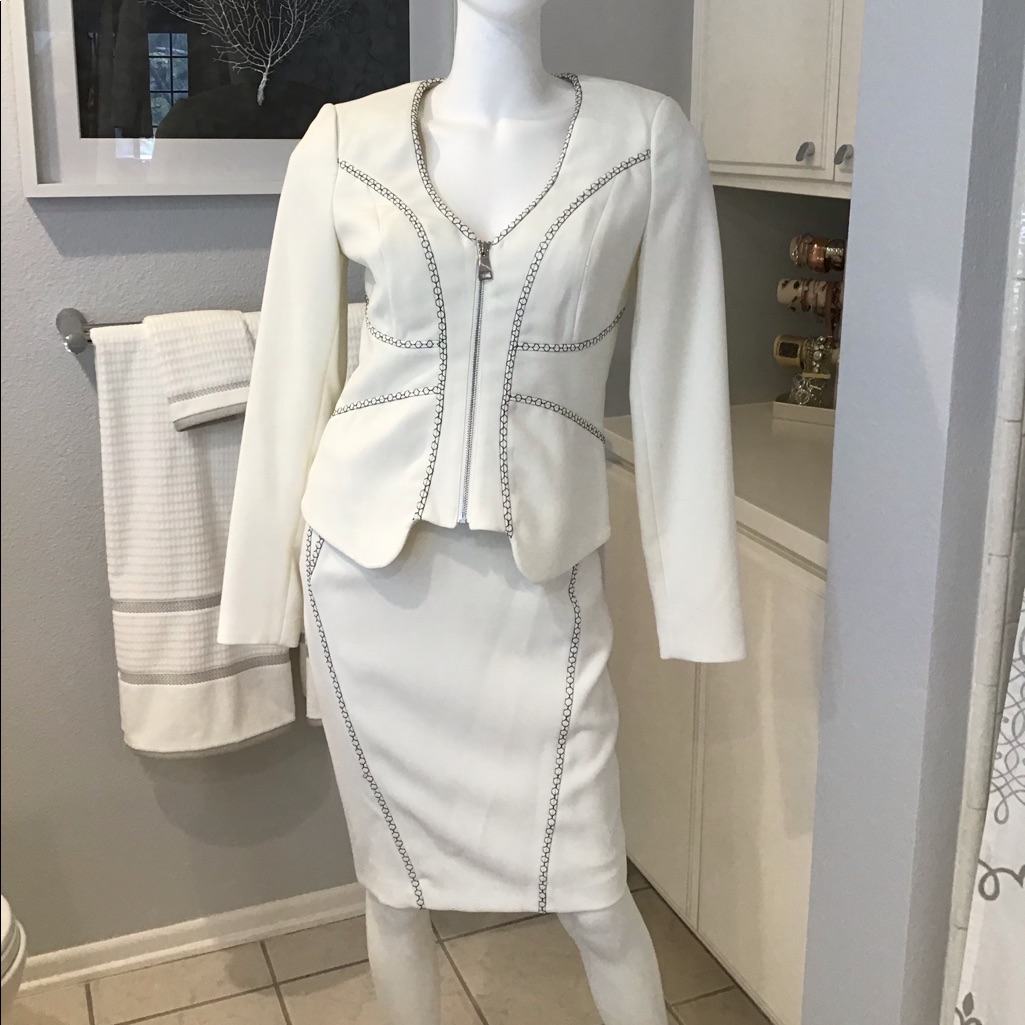 White Bebe Suit With Black Embroidered Detail Nwt
